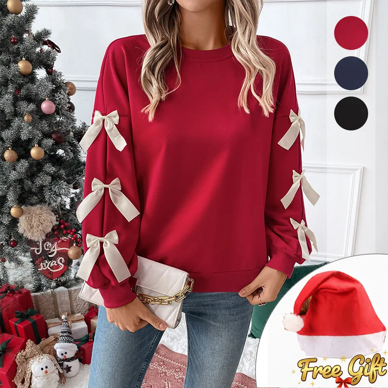 سويت شيرت نسائي أحمر لعيد الميلاد - تصميم بياقة دائرية مع لمسة فيونكة لأزياء النمط الاحتفالي للتأثيري واللباس