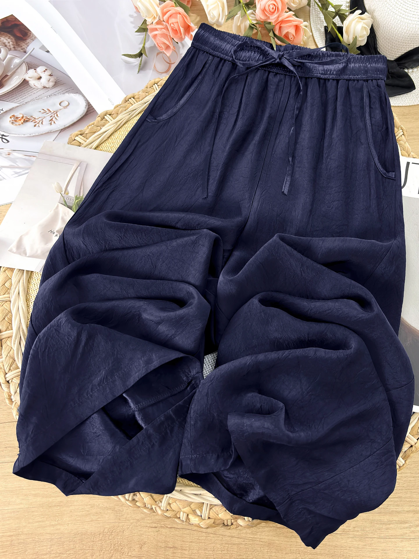

Summer Thin Acetate Wide Leg Pants Women's Loose Drape Sun Protection Ice Silk Straight Leg Trousers High Waist Korean Style