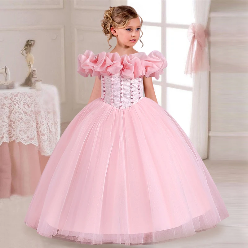 Girls' Pearl Sequin Princess Dress 4-12 Fashion Off Shoulder Bunny Dress Banquet High end Lacing Evening Dress