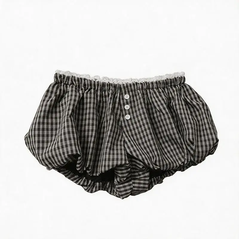 Elastic Waist Loose Plaid Print Sweet Cute Lantern Shorts Summer New Youth All-match Fashion Shorts Korean Trend Women Clothing
