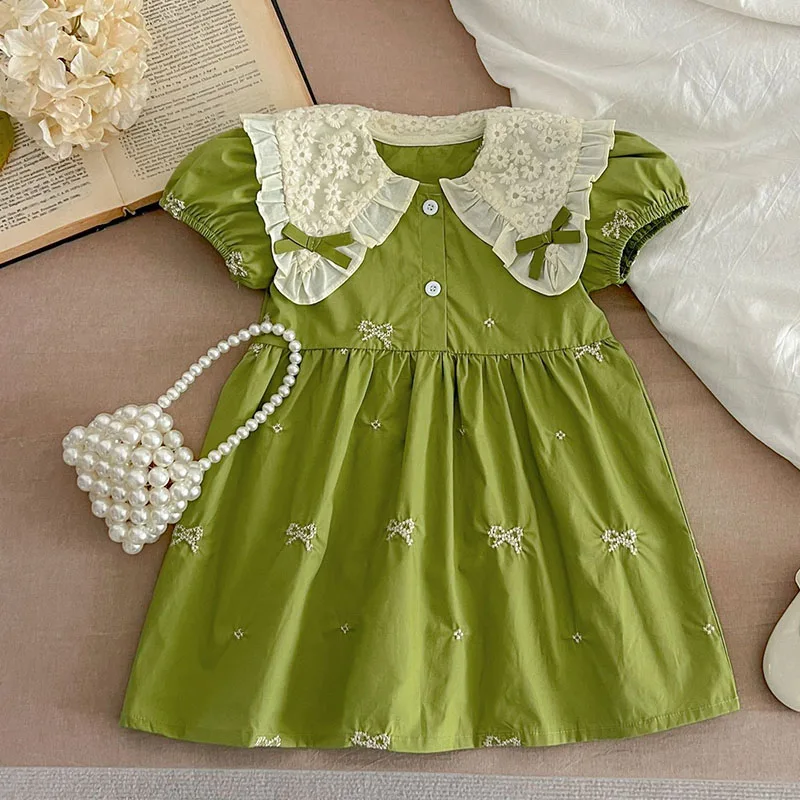 ملابس شقيقة صيفية جديدة لعام 2025 فساتين أميرات للأطفال رومبير للأطفال بأكمام قصيرة مطرز بالقطن فستان حفلات للفتيات الصغيرات #6