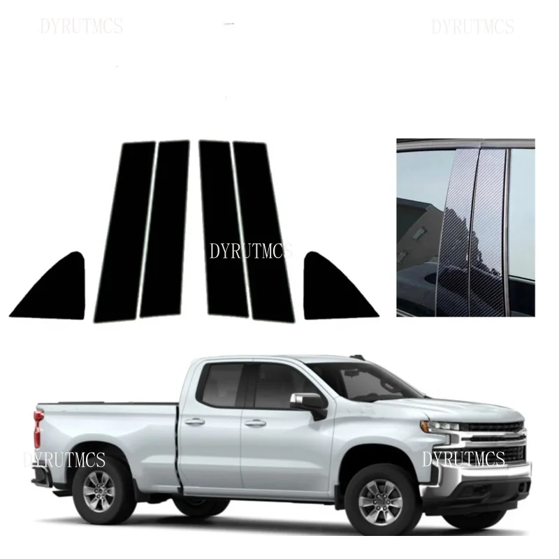 

6pcs Silver Carbon Gloss Black Pillar Posts Fit For Chevrolet Silverado 1500 Crew Cab 2019-2024 Door Side Window Trim Cover