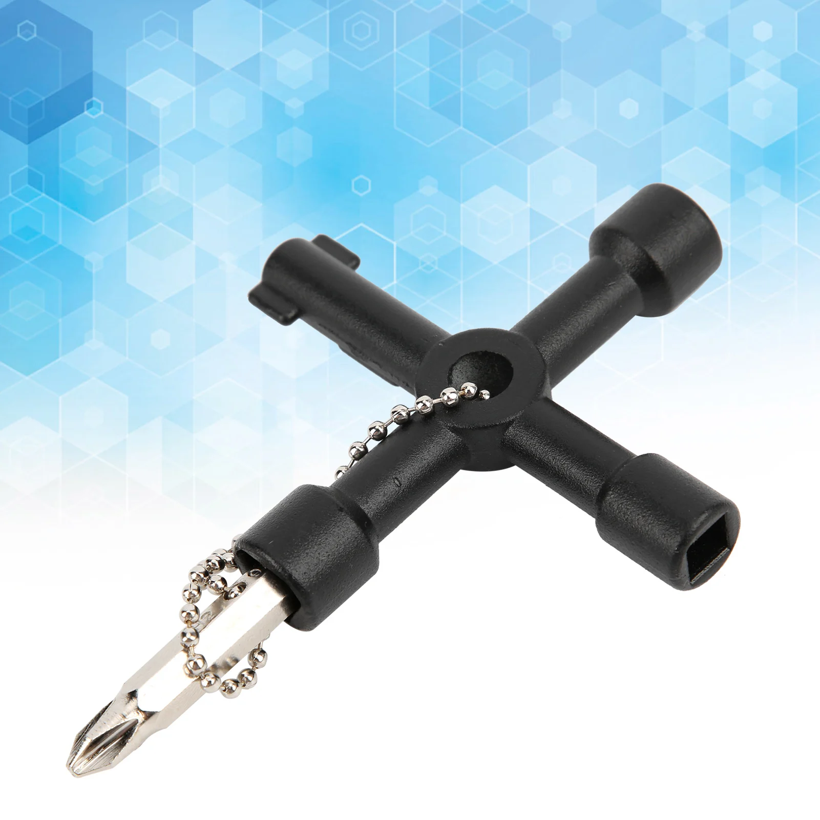 New Black Cross Key Wrench Metal 4-Way Universal Valve Key Compact With Beaded Chain Screwdriver Bit Key for Water Meter