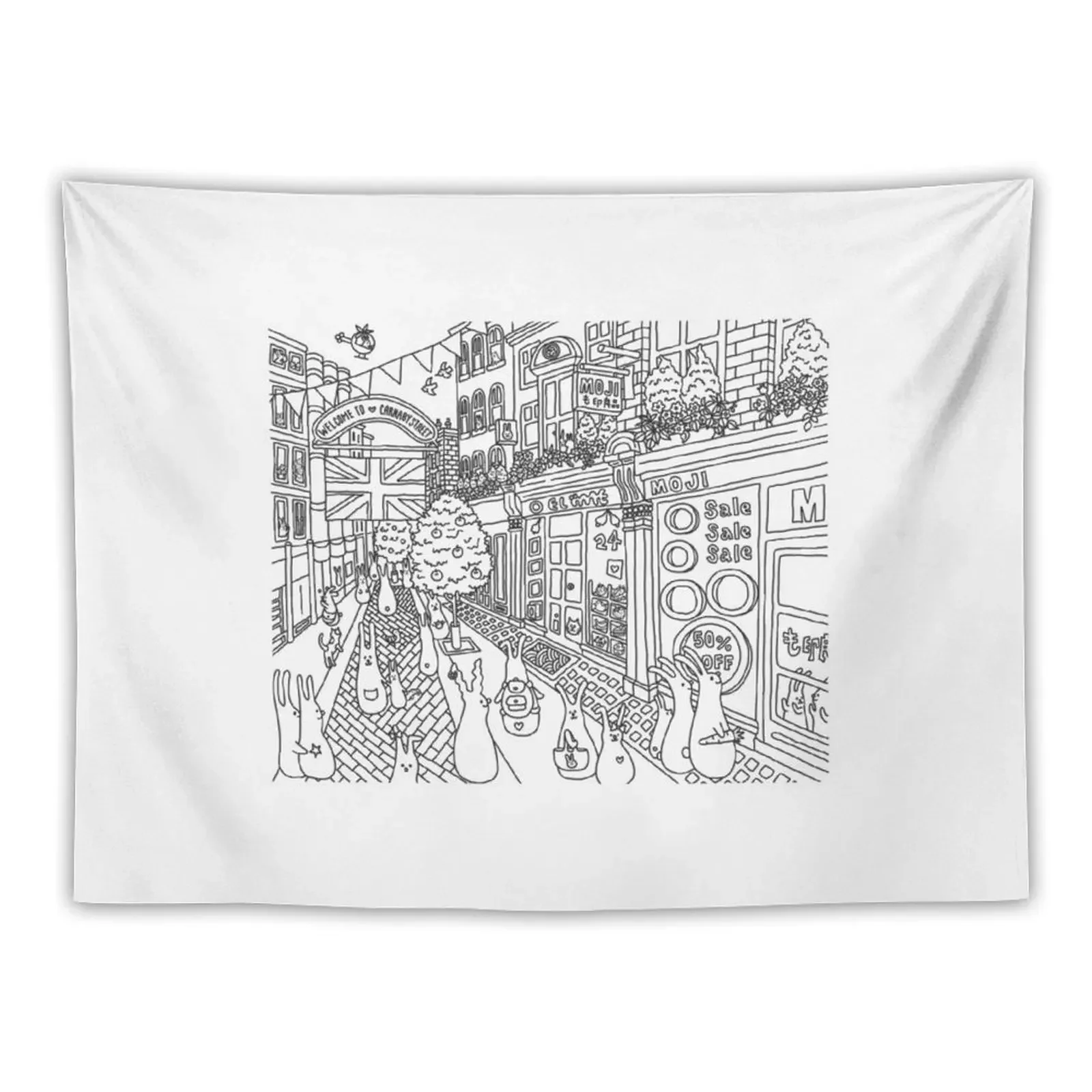 Bunnies in London Carnaby Street - Line Art Tapestry Room Decorating Aesthetic Aesthetics For Room Cute Decor Tapestry