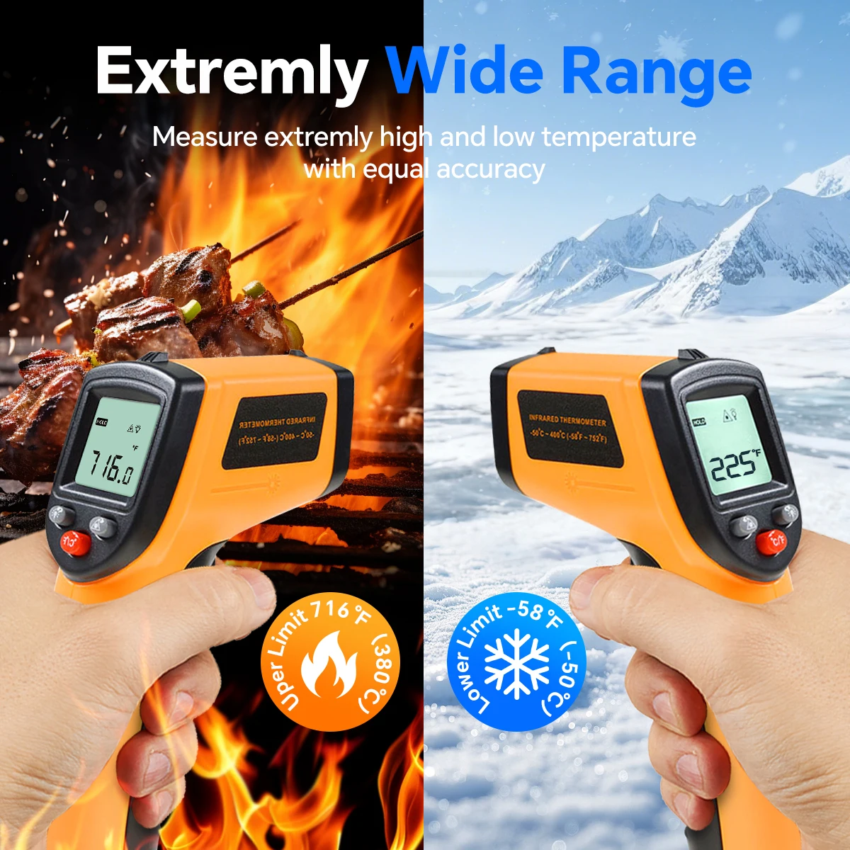 Infrarot-Thermometer-Pistole -50 bis 400 ° C, Digitales Laser-Temperaturmessgerät zum Kochen, Grillen und zur Prüfung von Grillplattenoberflächen – Detail 4