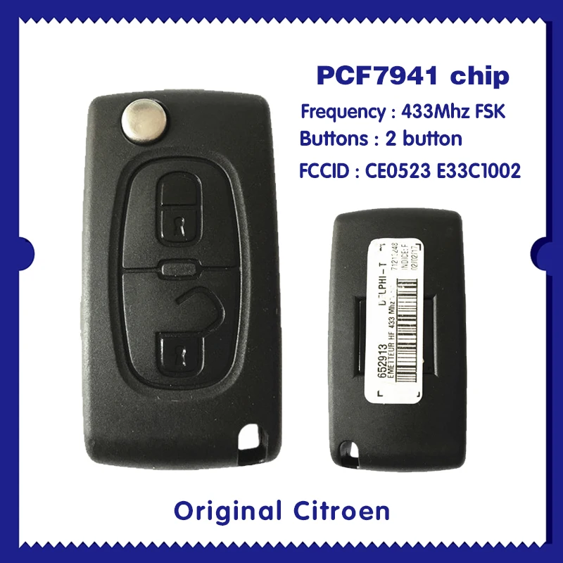 For Original Citroen Remote key 2 buttons CE0523 PCF7941 E33C1002 FSK CN016039