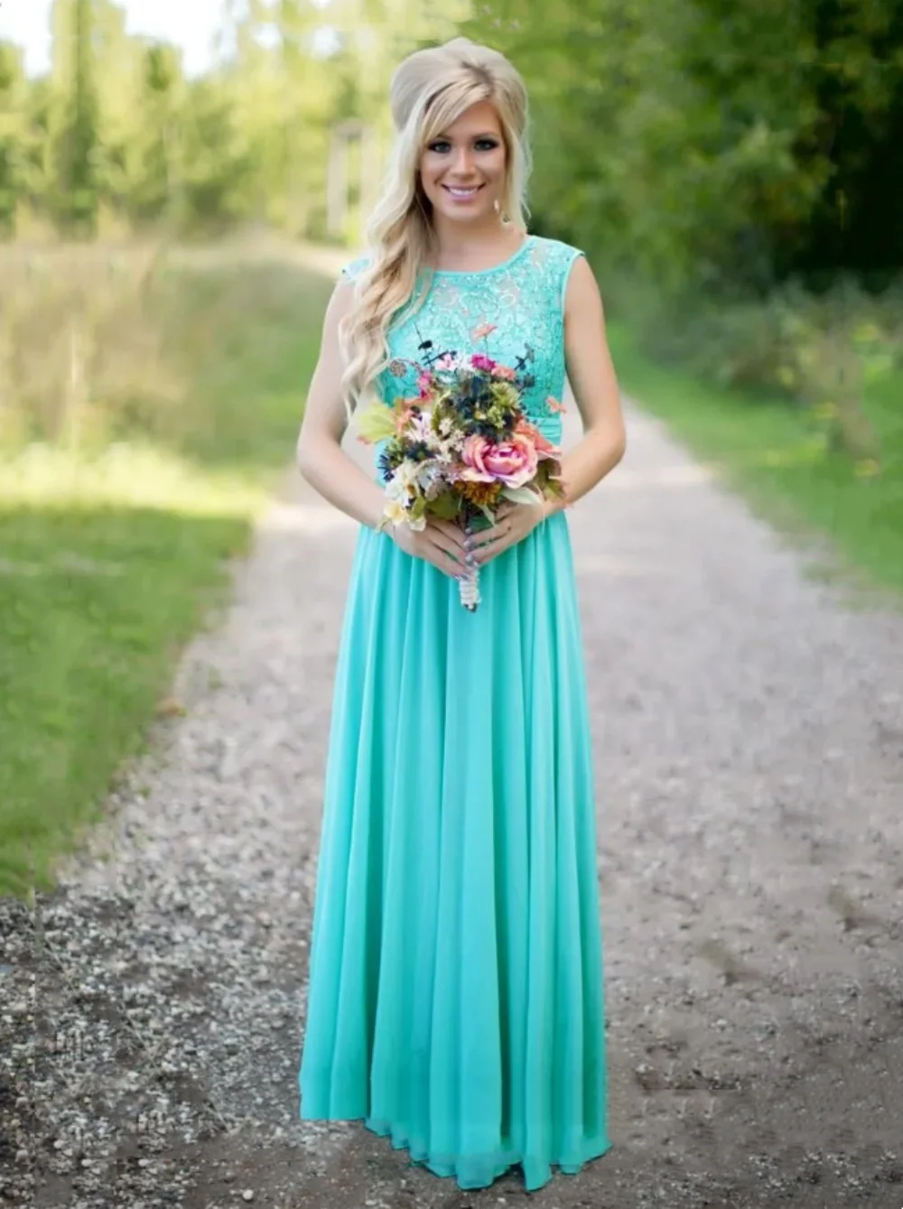 Vestido de chiffon com lantejoulas de renda para mulheres, gola O, sem mangas, linha A, vestido de dama de honra, estilo country