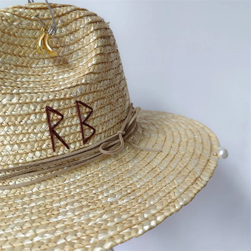 Sombrero de paja con cadena Punk para hombre y mujer, gorra de Jazz DIY, sombrero de sol con letras coreanas, sombrero de playa, Color caramelo