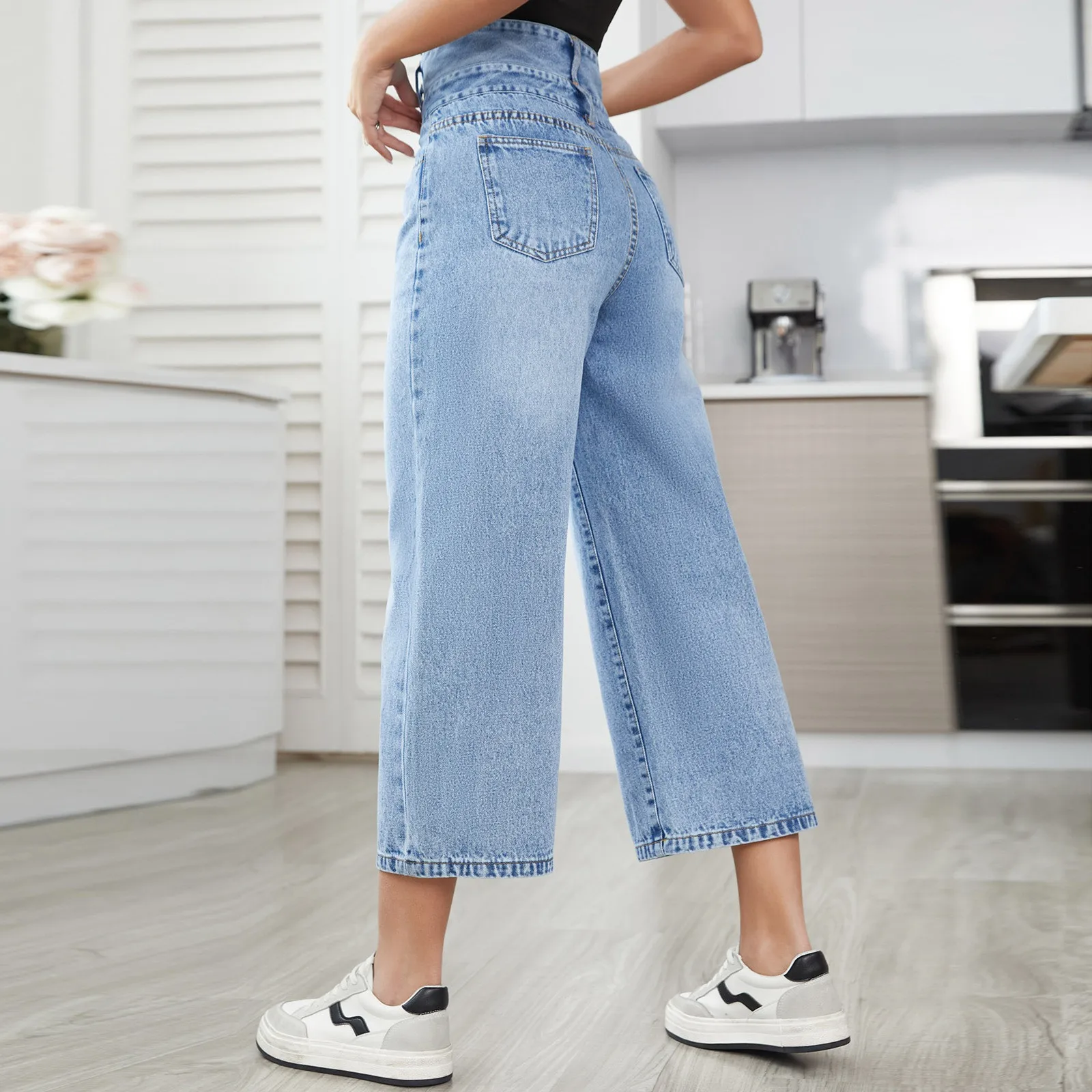 Women 2024 New Product Design Sense Dislocation Double Waist Casual Loose Type Wide Leg Pants Jeans Korean Fashion Jeans