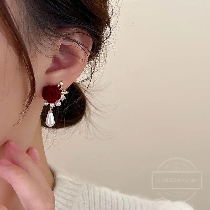 Elegant Red Rose Flower Earrings for Women Pearl Pendant Earring Bridal Wedding Engagement Jewelry New Year Gift