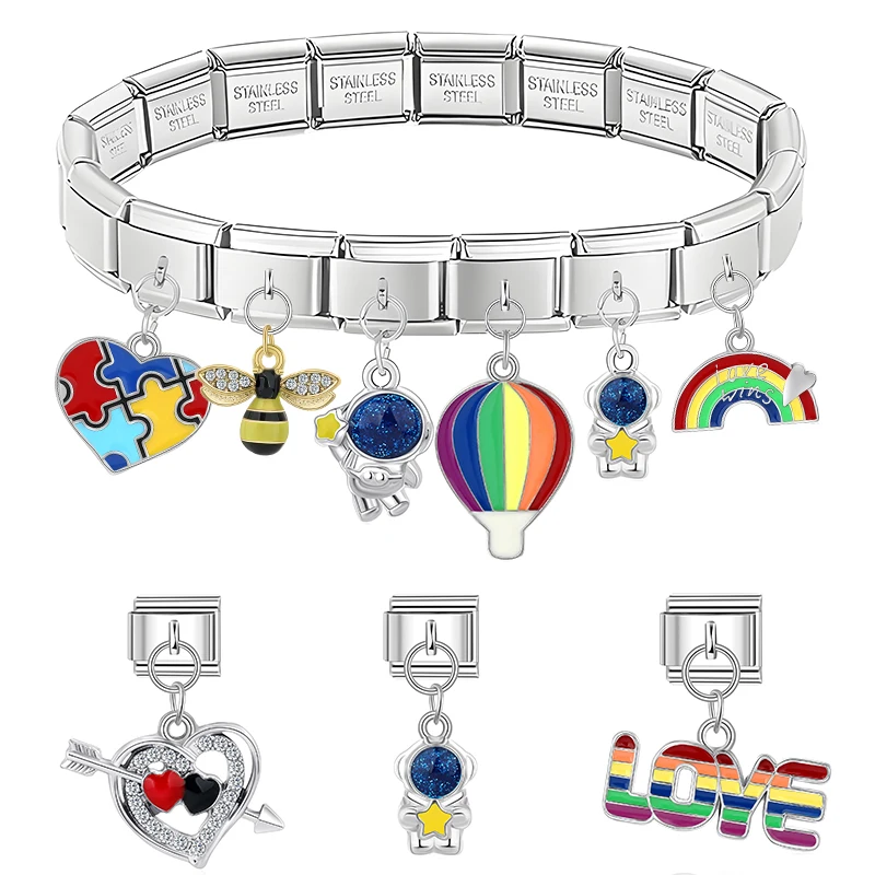 Pandach Fashion Rainbow Hot Air Balloon Luggage Astronaut Charms Italian Links Fit 9mm Bracelet Stainless Steel Jewelry Making