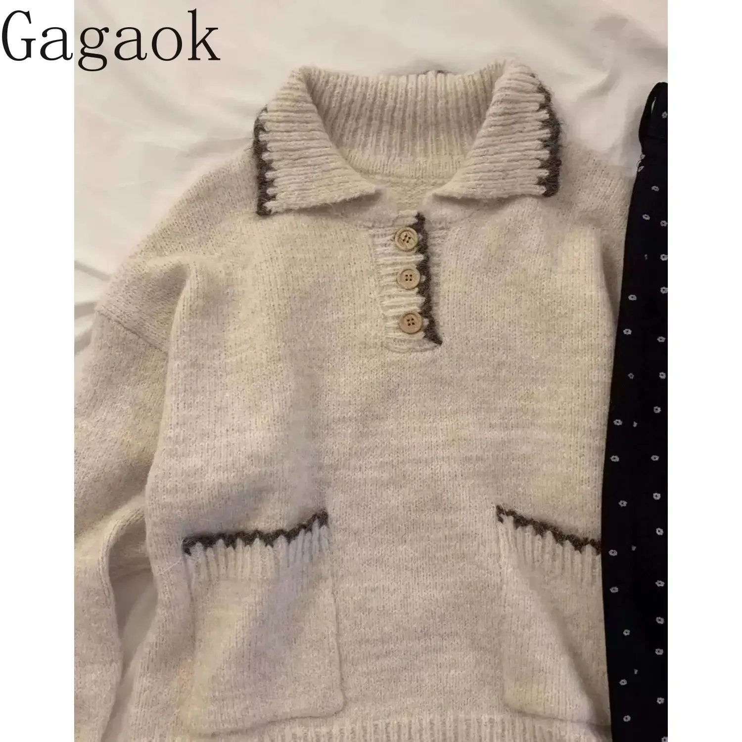 Gagaok Casual Turn-down Collar Pullover Sweaters Women Gentle Pockets Knitted Pull Femme Autumn Korean Fashion Pulls Top