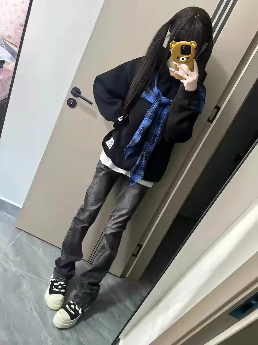 

American Sle High Street Waed Bla Lightning Pattern Women's Jeans Spring Summer Clean Fit Slim Straight Leggings