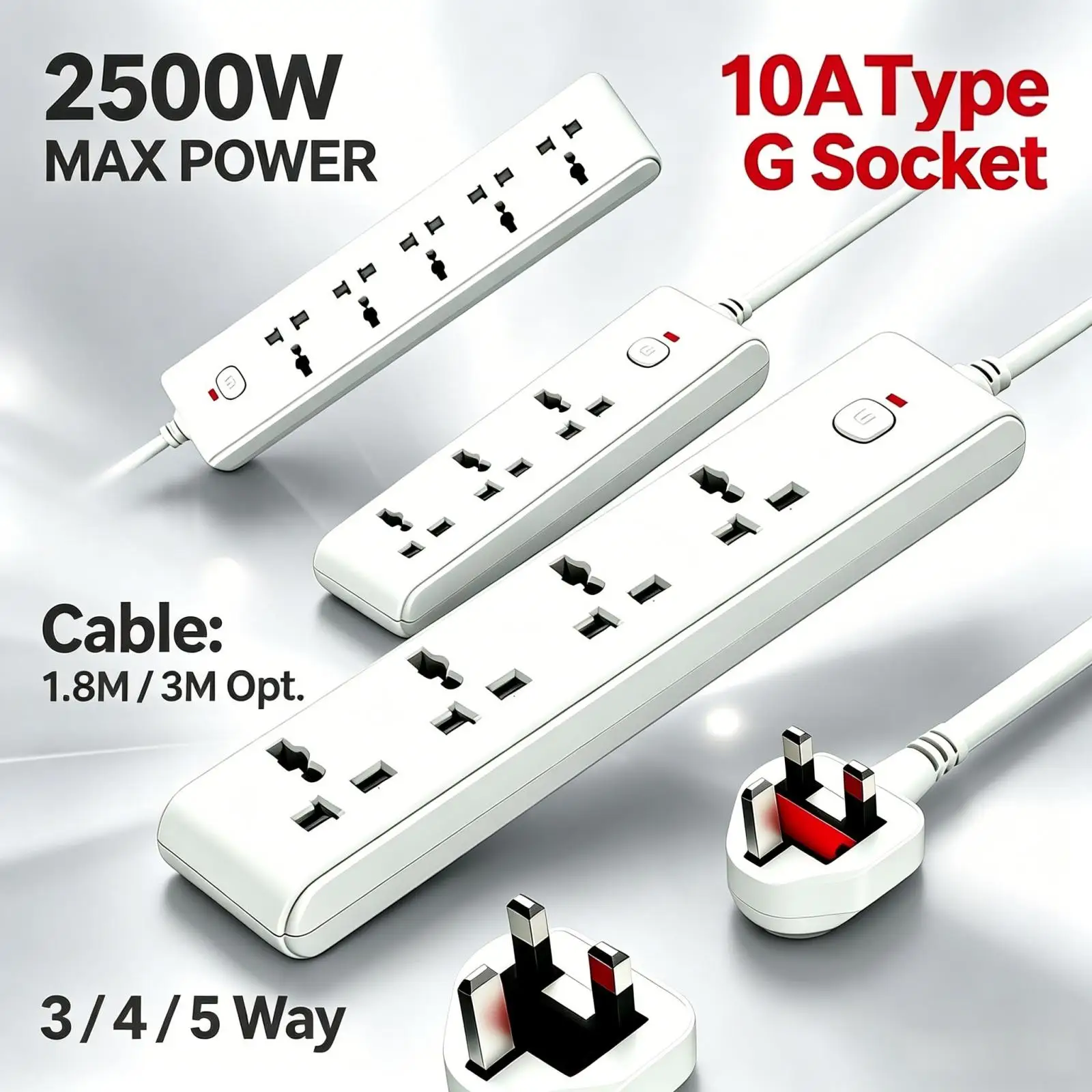 UK 3/4/5 Gang Extension Lead with Switch, 2500W Type G Power Strip, 1.8M/3M Cord, Wall Mount Safety Shutter, White – For Home