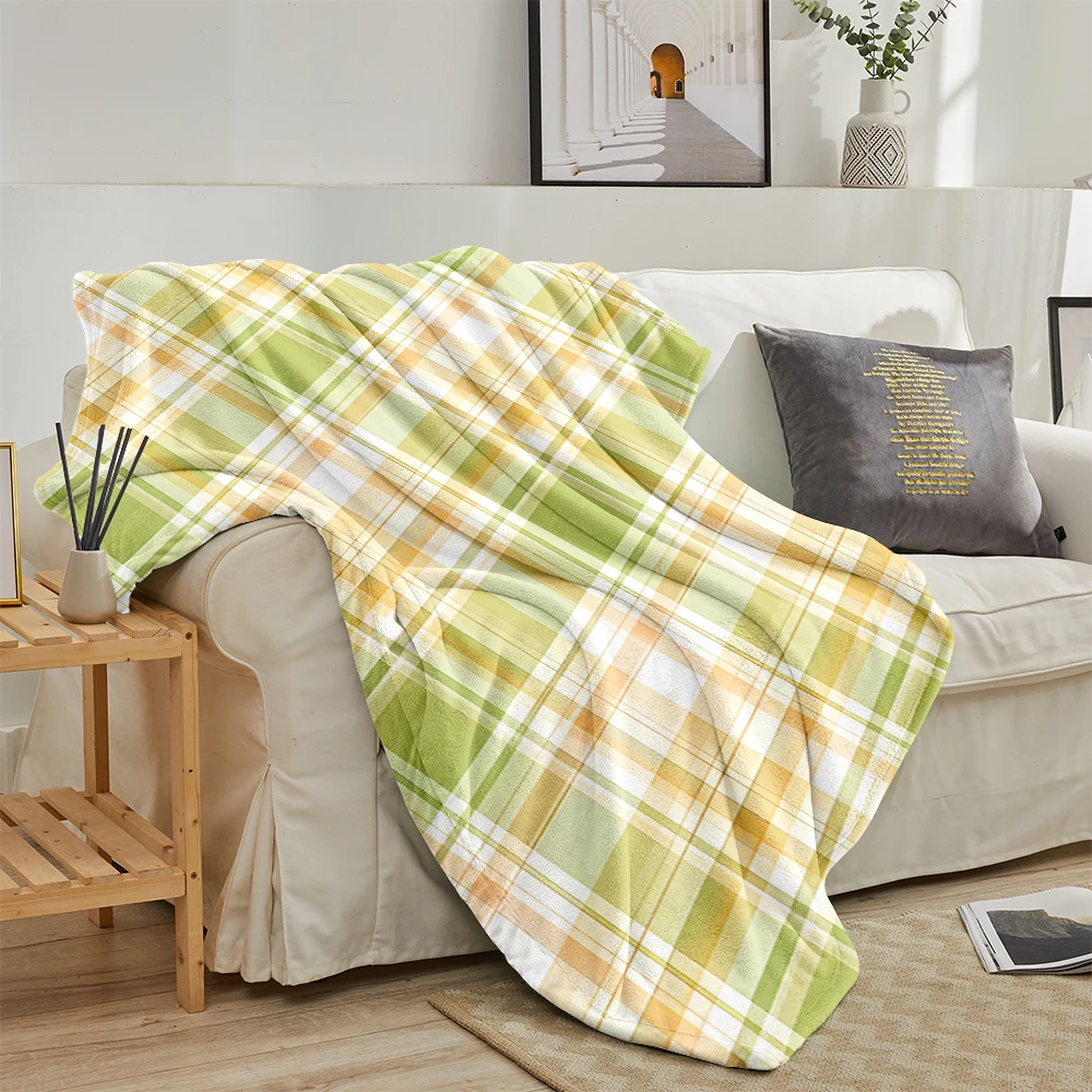 Green Orange Plaid Check Flannel Blanket Cartoon Printed Throw Blanket for Kids Adults Soft Plush Bed Sofa Cover Gift