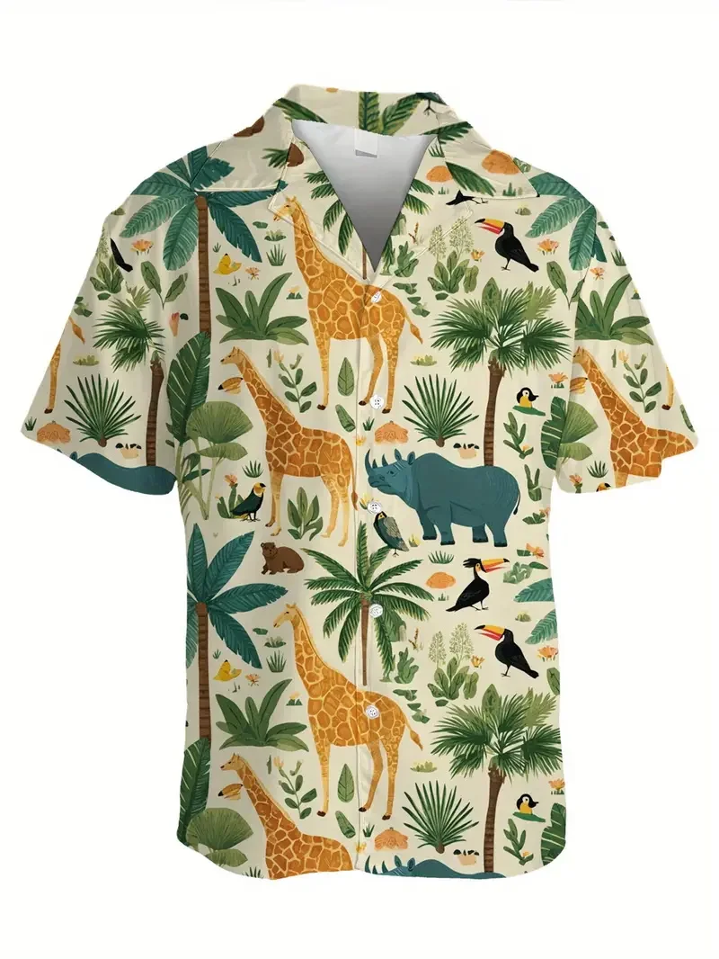

Men's Funny Giraffe Chasing Mouse Graphic Hawaiian Shirt Summer Short Sleeve Button Beach Vacation Shirt Top Men's Aloha Shirt