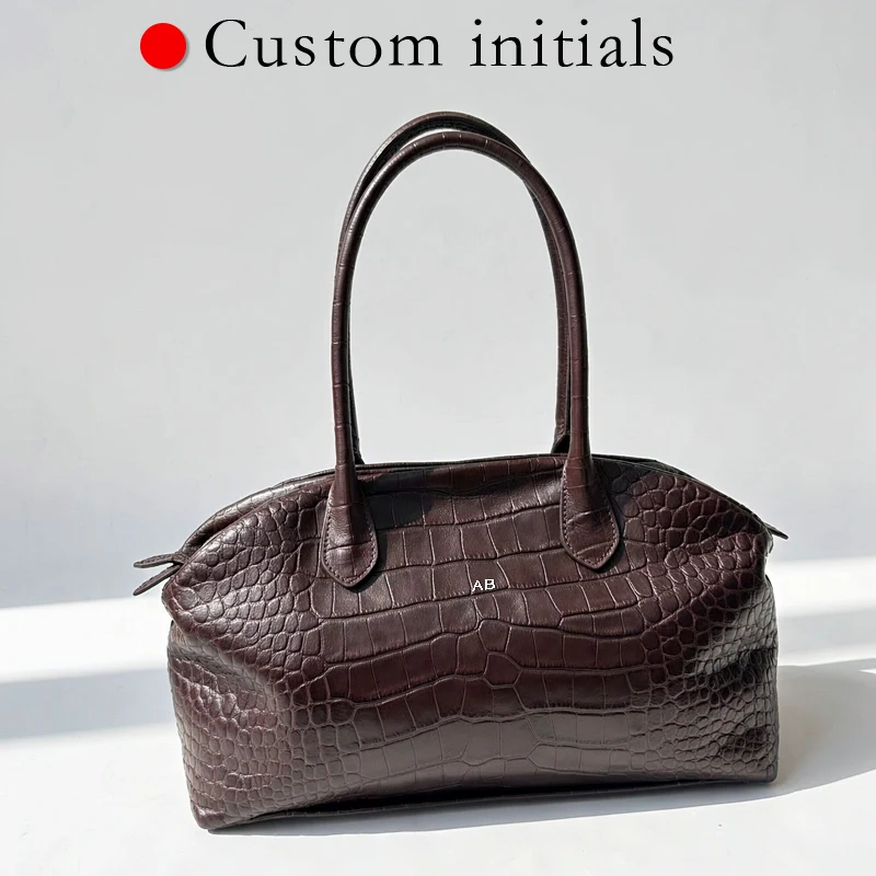 Customize Initials Leather Crocodile pattern Bowling Bag For Women Luxury Designer Handbag 2027 New In Cowhide Underarm Shoulder