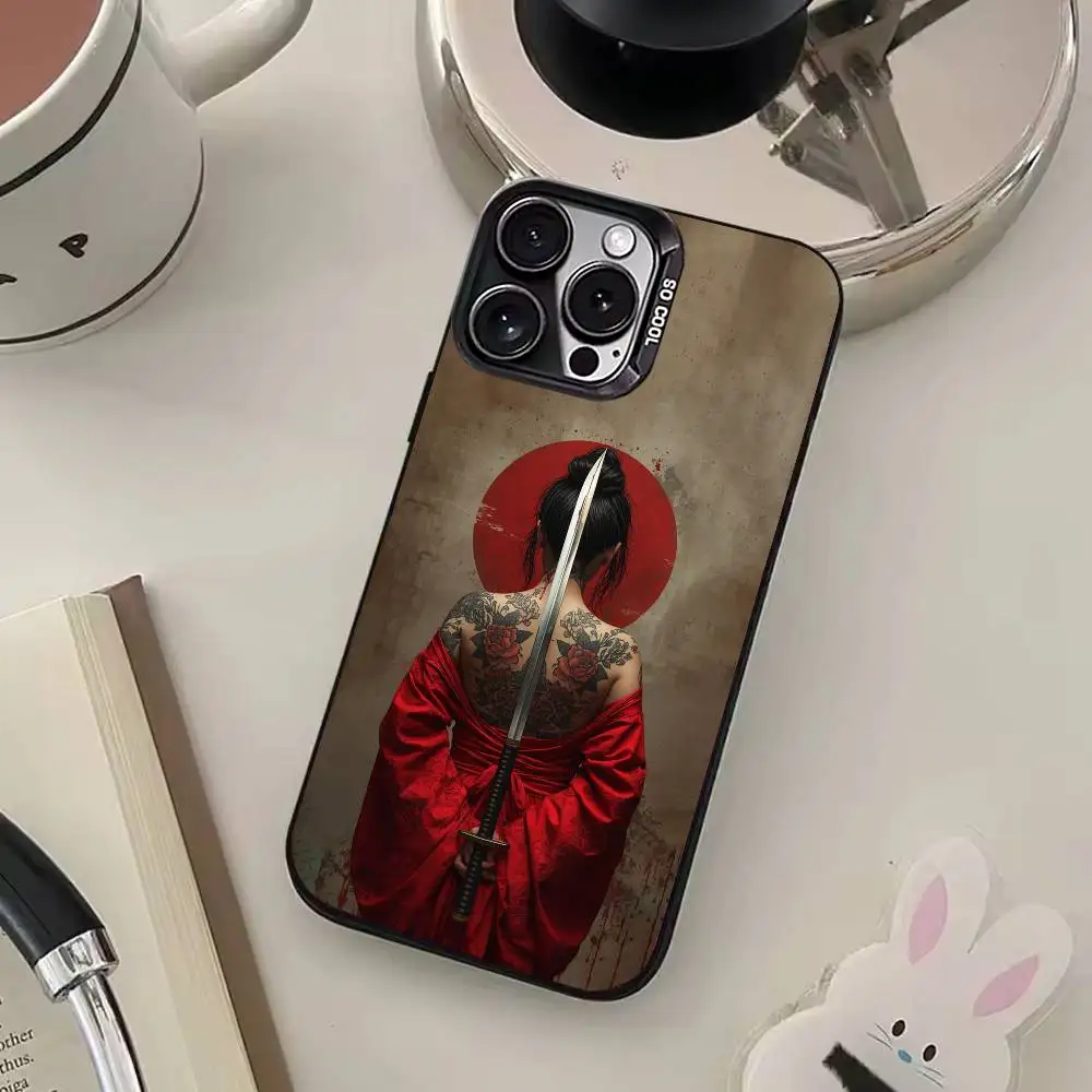 Samurai Warrior Geisha Capa de telefone preta fosca para iPhone 17/16/15/14/13/12/11 pro Max Design de doces à prova de choque