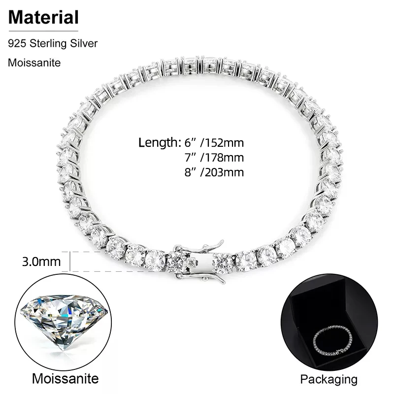 Wholesale 925 Sterling Silver Tennis Bracelet 3mm Prong Settign VVS Moissanite Tennis Bracelets for Men Women