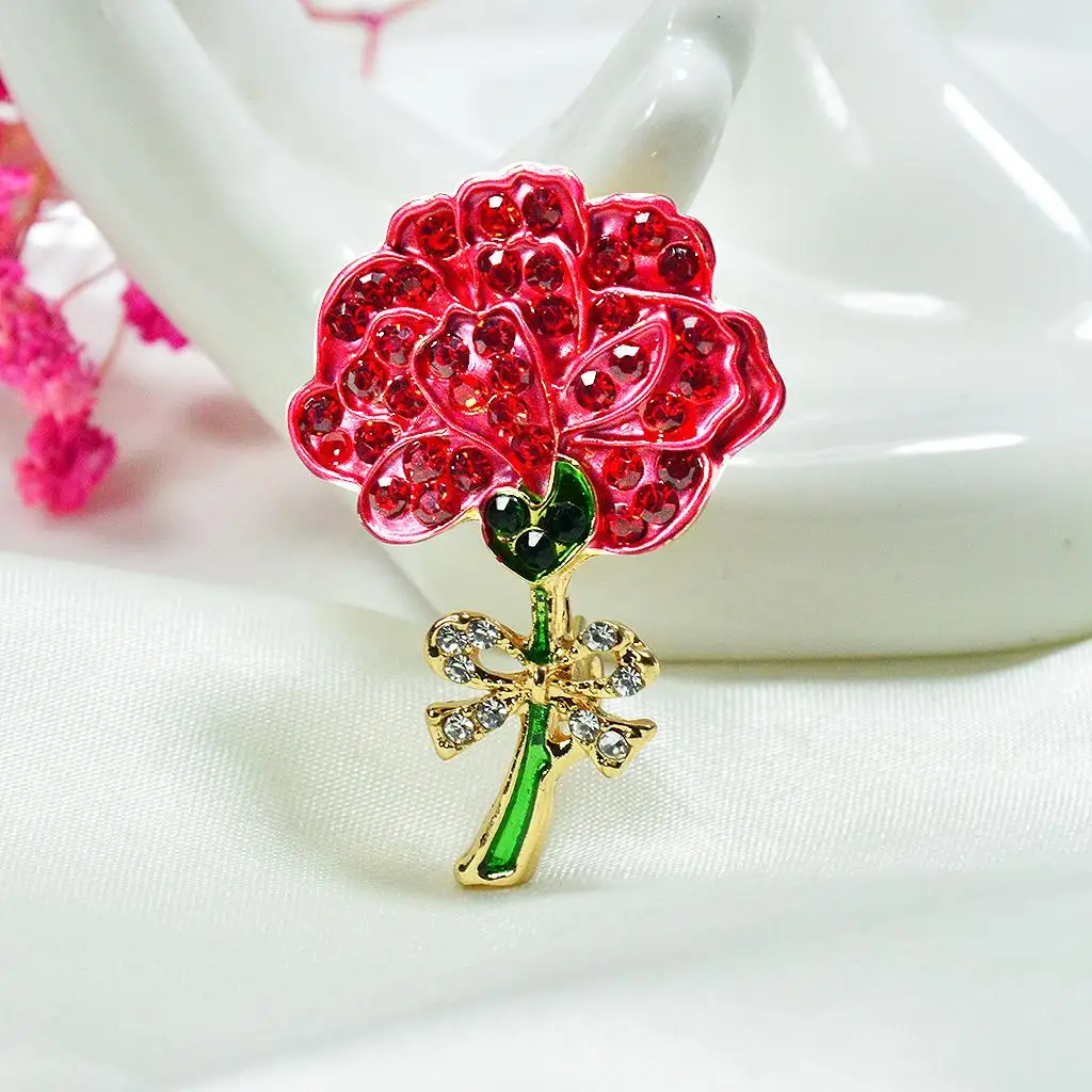 Carnation Flower Lapel Brooch Pin Alloy Crystal Clothing Badge Elegant Decor Jewelry for Women Mom Gift