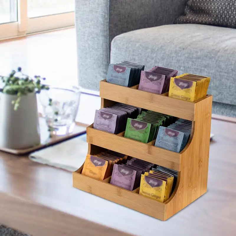 Coffee Bag Storage Rack 3 Tier Spice Shelf Seasoning Rack Vertical Tea Bag Organizer Bamboo Organizer Fruit Tea Bag Storage Box