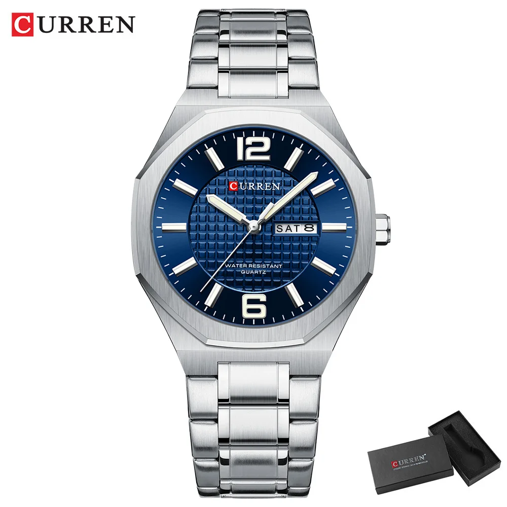 Relojes CURREN de cuarzo minimalistas a la moda para hombre, banda de acero inoxidable, relojes de pulsera informales con esfera de día y fecha para negocios, manecillas luminosas
