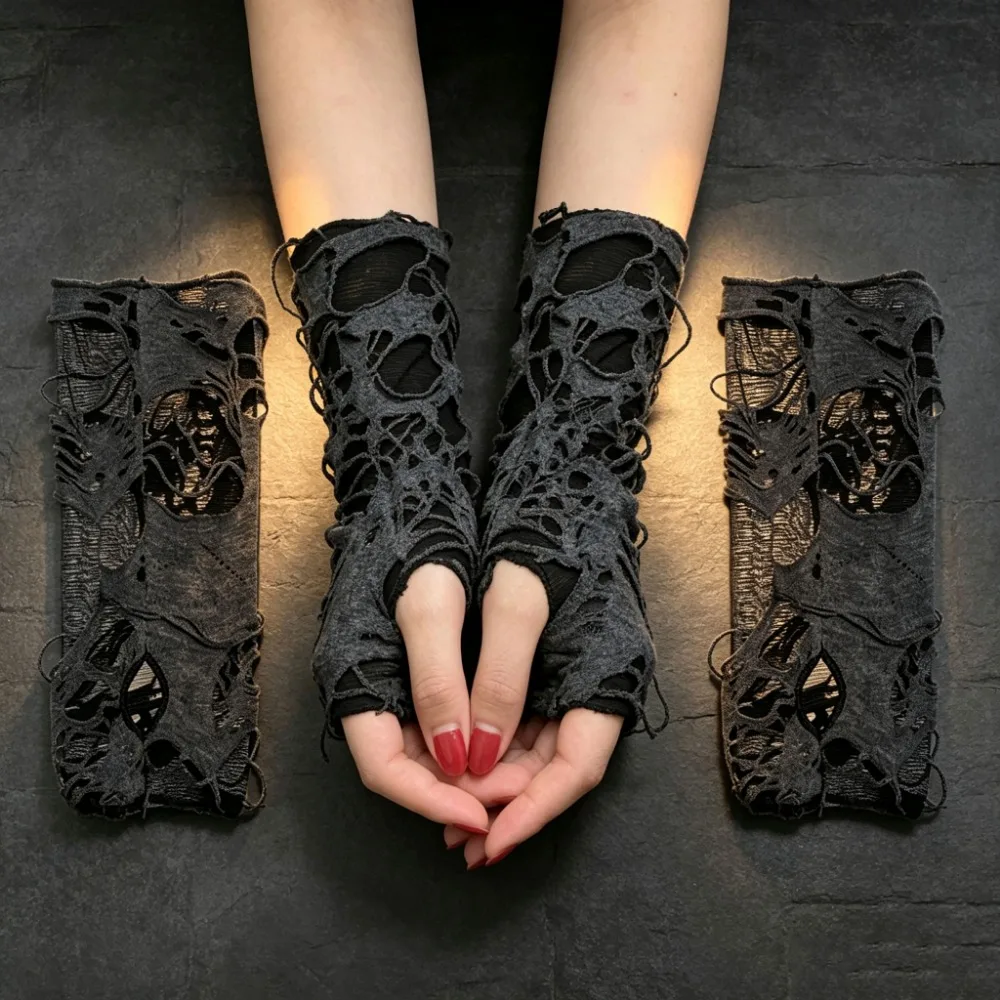 Unisex Gothic Long Fingerless Gloves, Black Festival Clubwear Dance Gloves for Women Men Cosplay Costume Accessories
