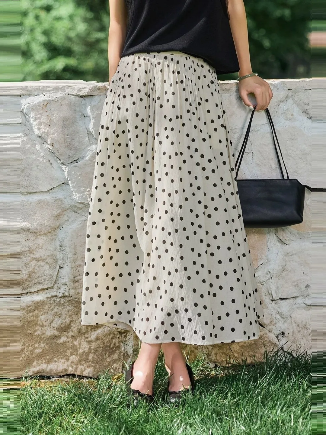 Elegant High Waist A-Line Midi Skirt Women's Cotton Linen Polka Dot Print Casual Commute Skirt for All Ages And Seasons