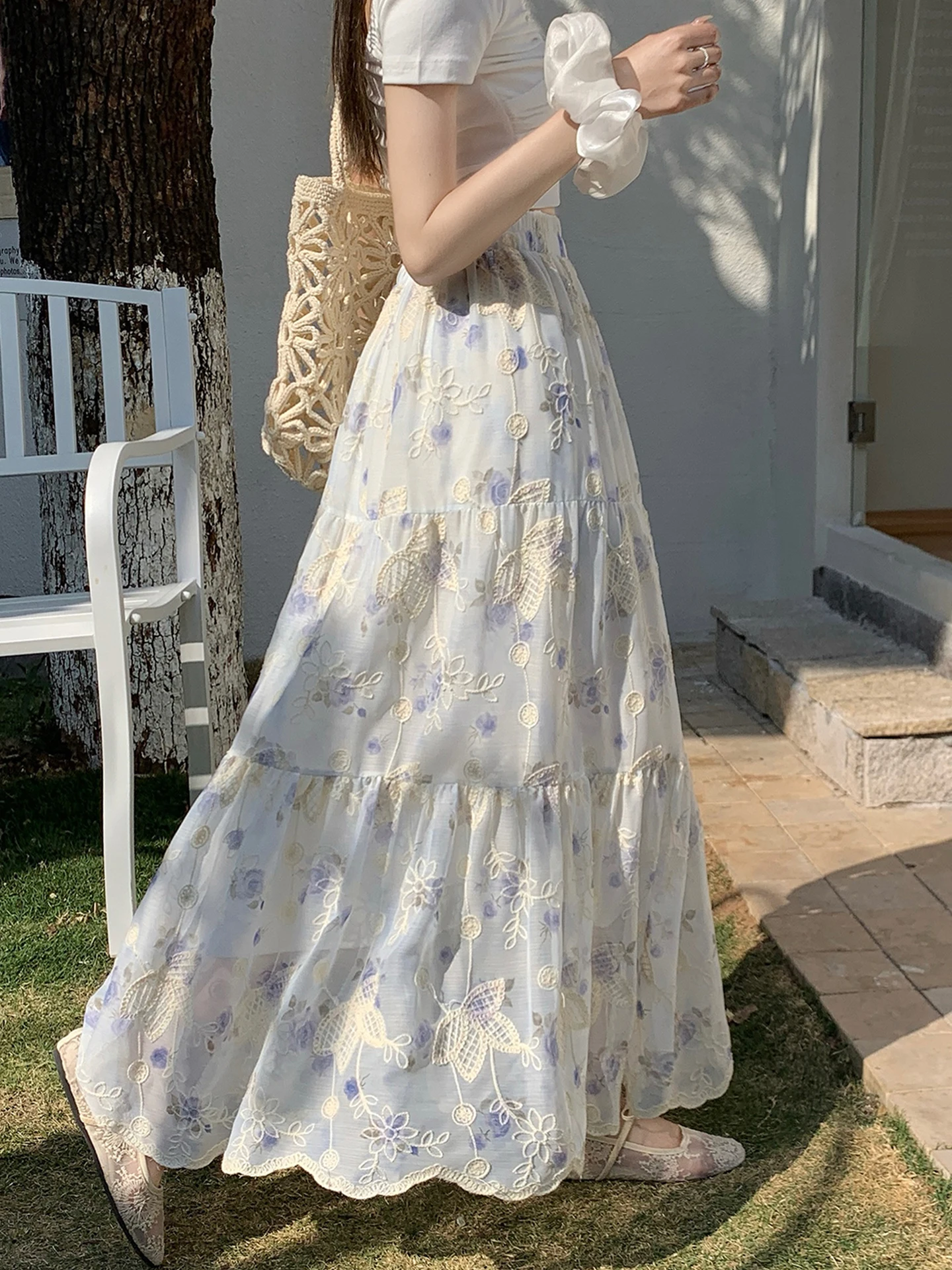 

Emily Clud Recommended Embroidered Floral f Skirt Spring Summer Elastic Waist Hip Concealing A-Line Long Skirt Casual Wear