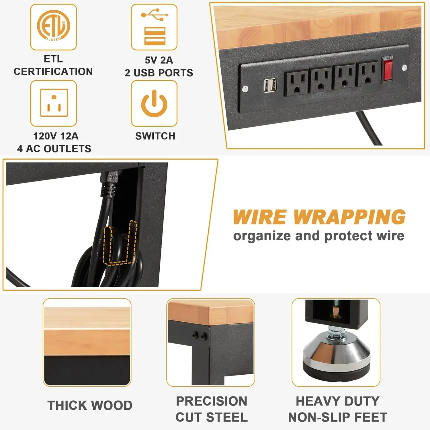 ارتفاع قابل للتخصيص قابل للتعديل منضدة 60 "2000 رطل قدرة محطة عمل من الخشب الصلب طاولات عمل شديدة التحمل مع منافذ طاقة