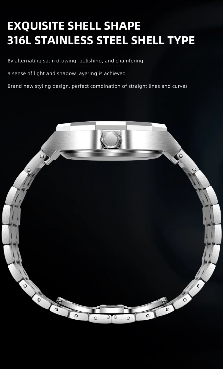 Automatische mechanische Herrenuhr mit orangefarbenem Zifferblatt, Skelett-Tourbillon, achteckige Armbanduhr aus Edelstahl, luxuriöse wasserdichte Uhr – Detail 5