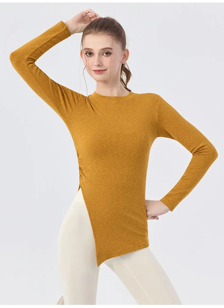 Herbst-Sport-Oberbekleidung, langärmelige Bluse, die das Gesäß bedeckt, für Damen, plissiert, mit Schlitz, lässiges Fitness-T-Shirt, Pilates-Yoga-Bekleidung – Detail 5