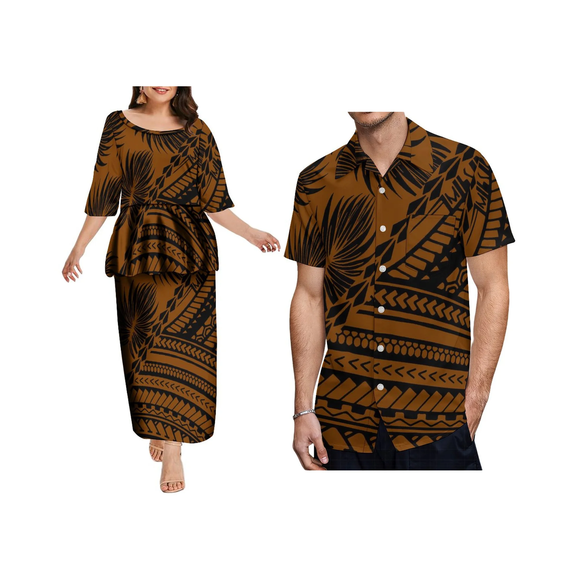 

2024 Polynesian Ladies New Puletasi Custom Tribal Floral Pattern Print Summer Pleated Dress Set Banquet Temperament Dress