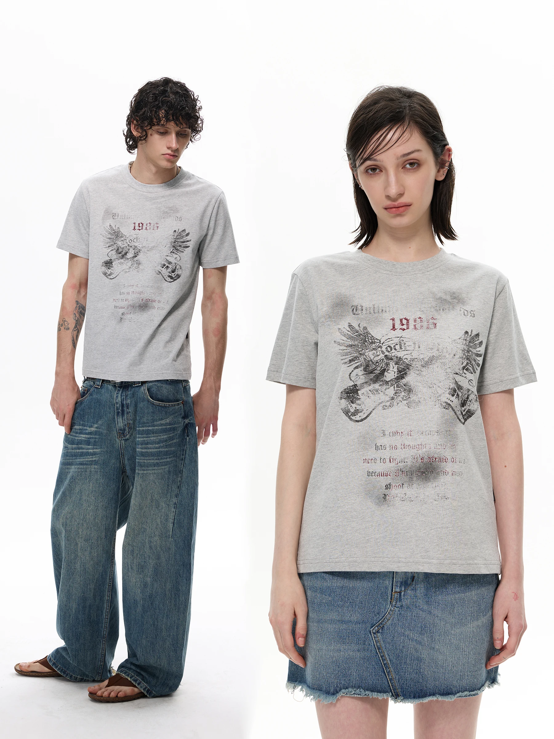 WLNEXT American Retro Short Sleeve T-Shirt Grey round Neck Couple's Fashionable Casual Cotton Top Skin-friendly Breathable