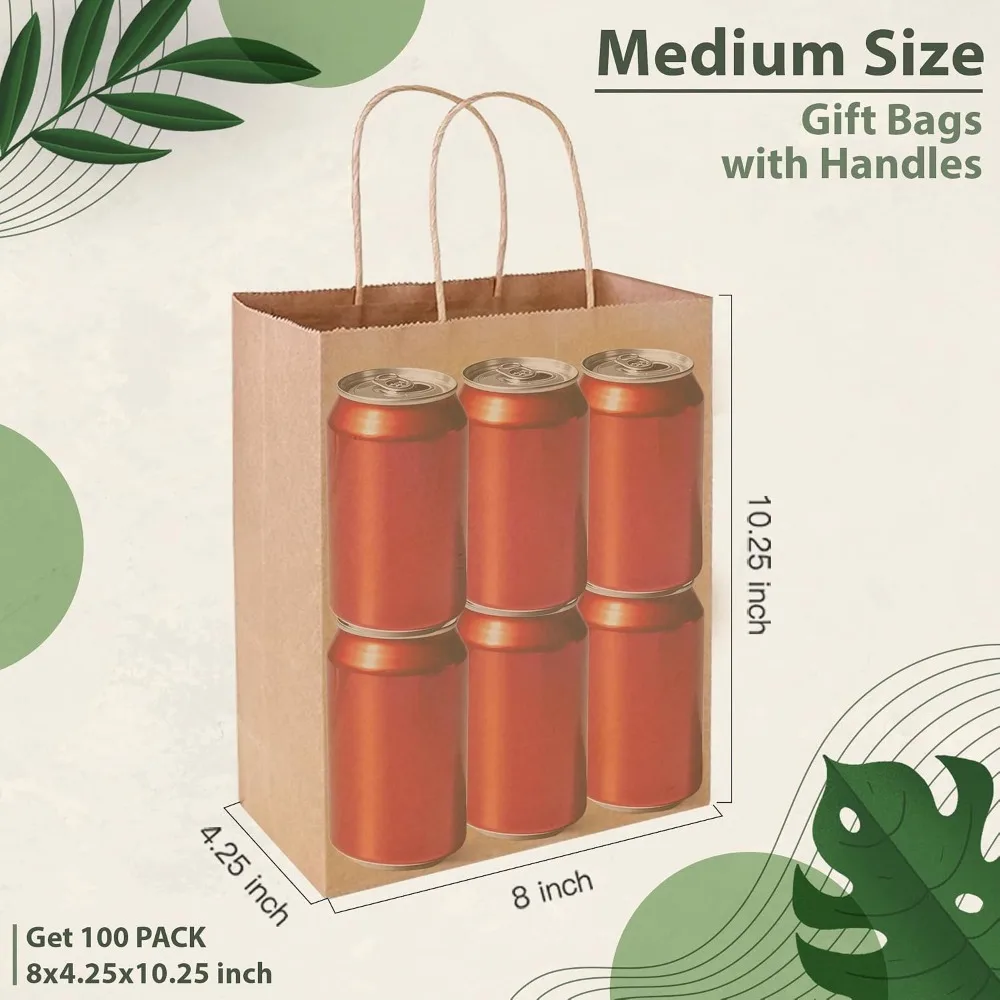 100 Kraft Paper Gift Bags with Handles, 8x4.25x10.25, Brown Bulk Bags for Party, Shopping view 2
