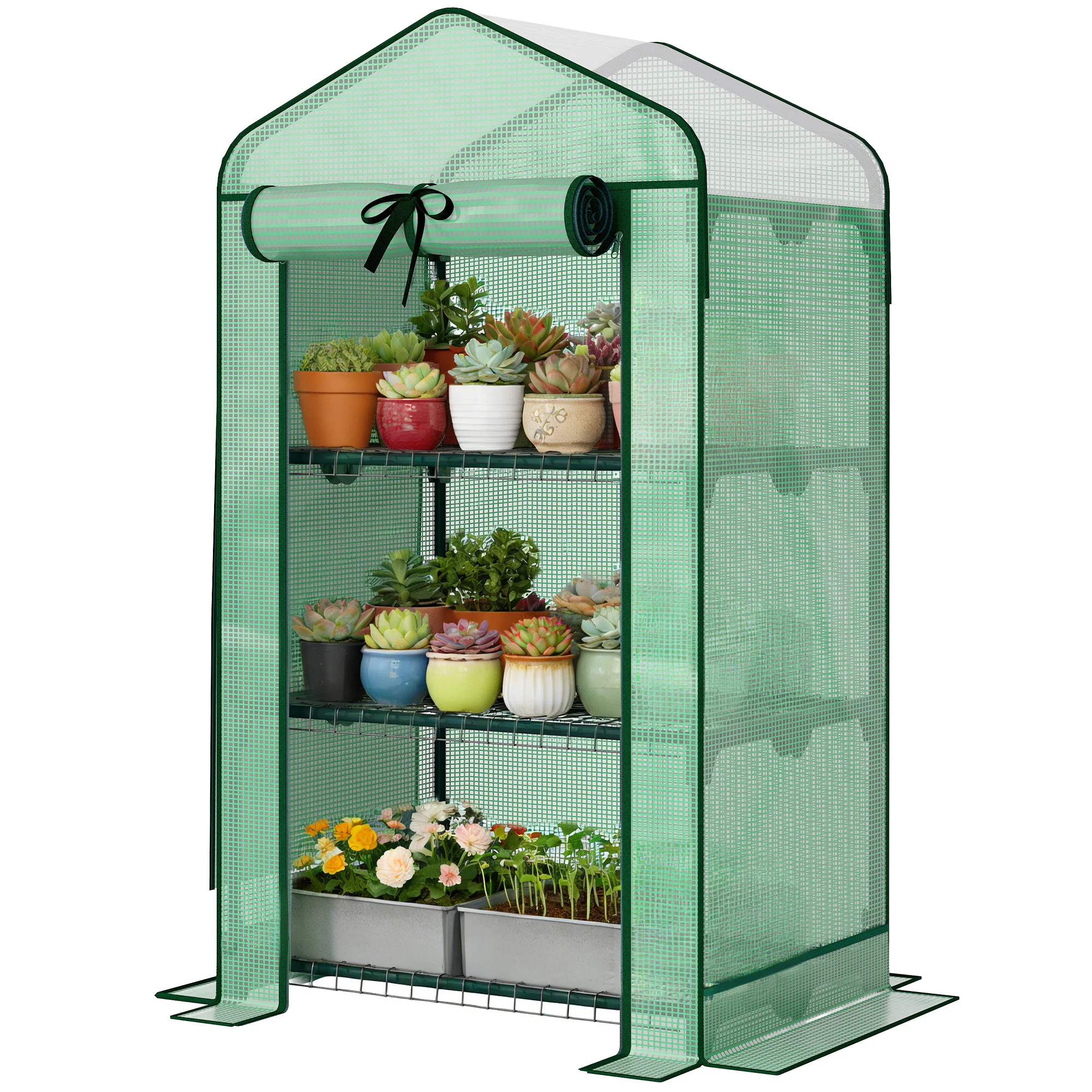 3-Tier Mini Greenhouse with Roll-Up Door, Portable PE Mesh Plant Growing Rack, Small Outdoor/Indoor Greenhouse for Flowers, Succulents & Seedlings