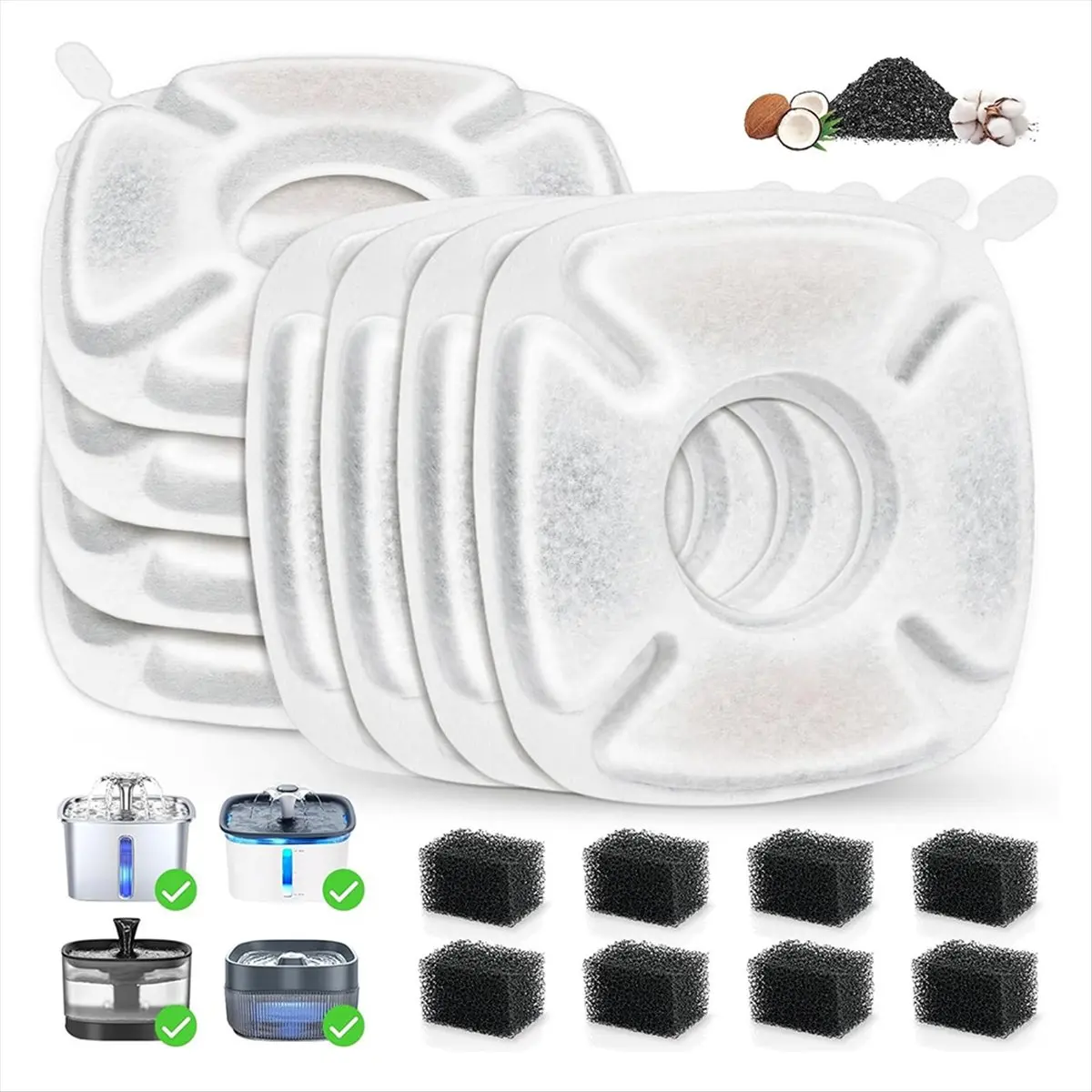 A013 40 Pcs Cat Water Fountain Carbon Filters,20 Pcs Replacement Pet Filters with 20 Pcs Pre-Sponges for 67oz/2L 95oz/2.8L