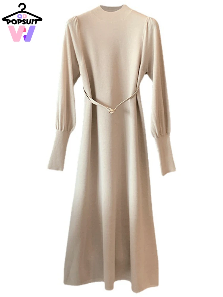 Elegante vestido solto de malha feminino, suéter linha A, manga lanterna, saia de cintura alta, gola meia alta, primavera, outono, inverno, novo