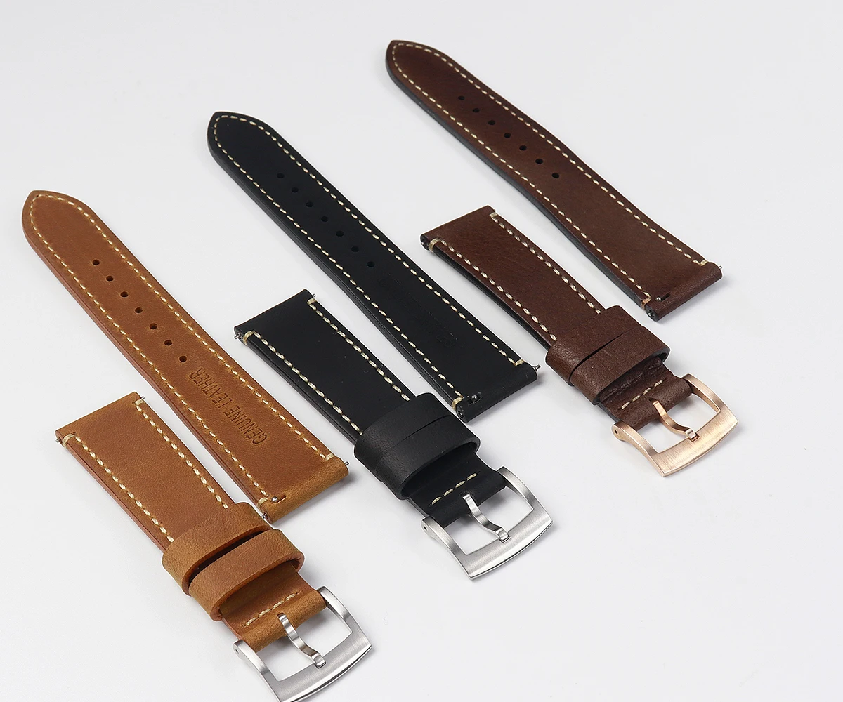 Cronos Leather Strap for Watch Flat Ends 20mm Bronze Tongue Buckle Stainless steel Brushed Buckle With Quick Release Spring Bars