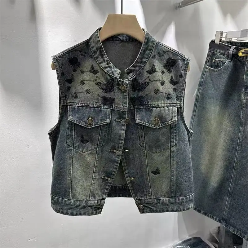 Embroidered short retro denim vest 2024 new autumn stand-up collar vest loose sleeveless top jacket women