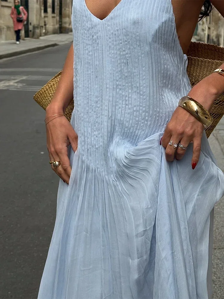 Blue Sexy Backless Pleated Long Dress Women's Elegant Spaghetti Strap Loose V-neck Robes New Lady Vacation Beach Vestidos 2025