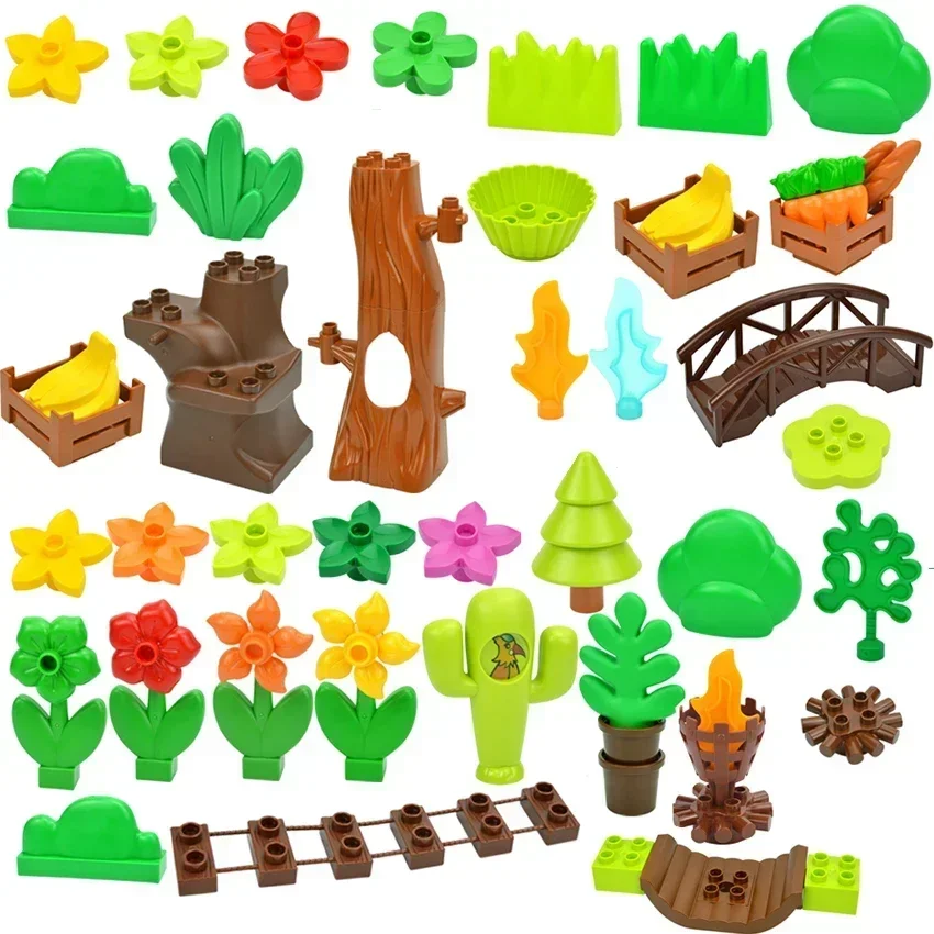 Big Size Building Block Plant Fruit Accessorie Flower Grass Tree Stump Adornment Farm Compatible Large Plates Brick Duploes Toy