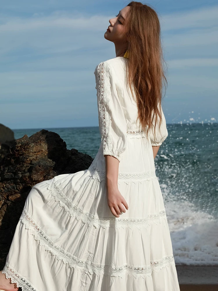 

Jastie Summer 3/4 Sleeve V-neck White Women Dresses Stitching Hollow Lace Embroidered Dress Bohemian Seaside Vacation Maxi Dress