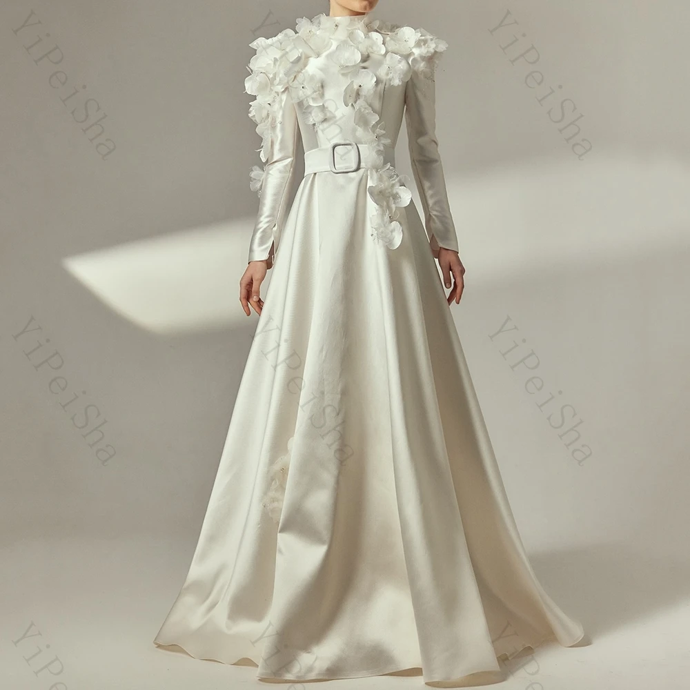 

Customized A-line Evening Dresses Floor-length High-neck Full Sleeve Prom Gown Fashion Flowers Sashes Simple Draped Party Gown
