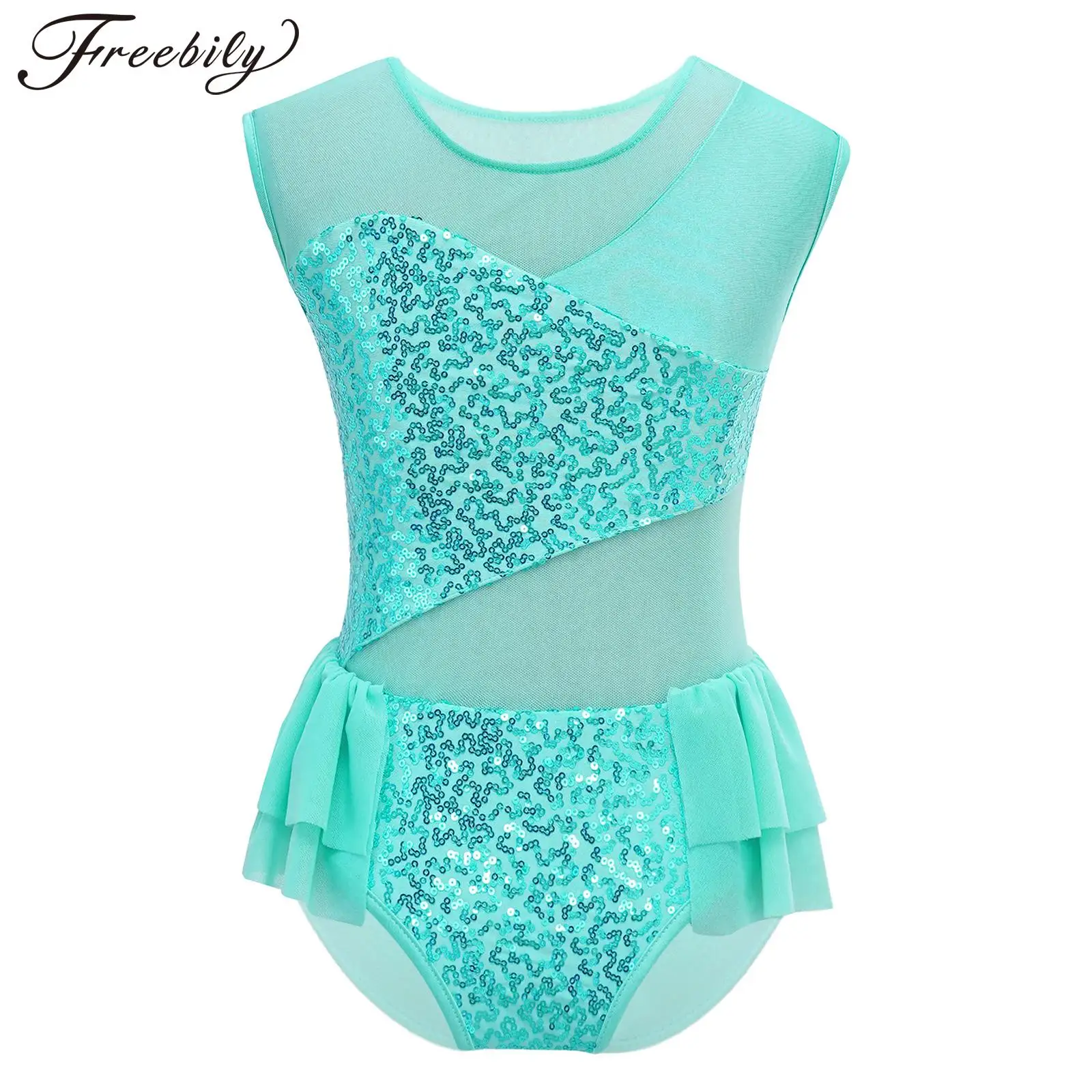 Kids Girls Sequins Ballet Dance Leotard Dress Ruffle Mesh Sports Gymnastics Workout Bodysuit for Stage Performance Dance Costume