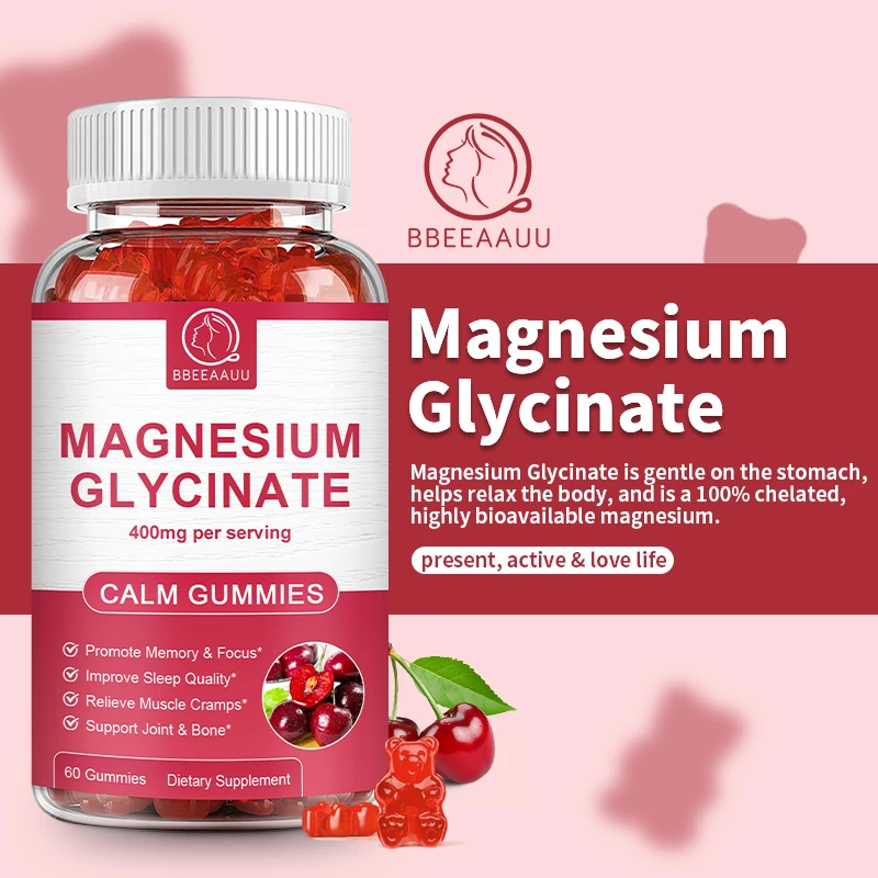 BBEEAAUU Glycine Magnesium Gummies 70MG Adults and Children Promote Sleep Support and Calm Mood 60PCS Chewing Cherry Flavour