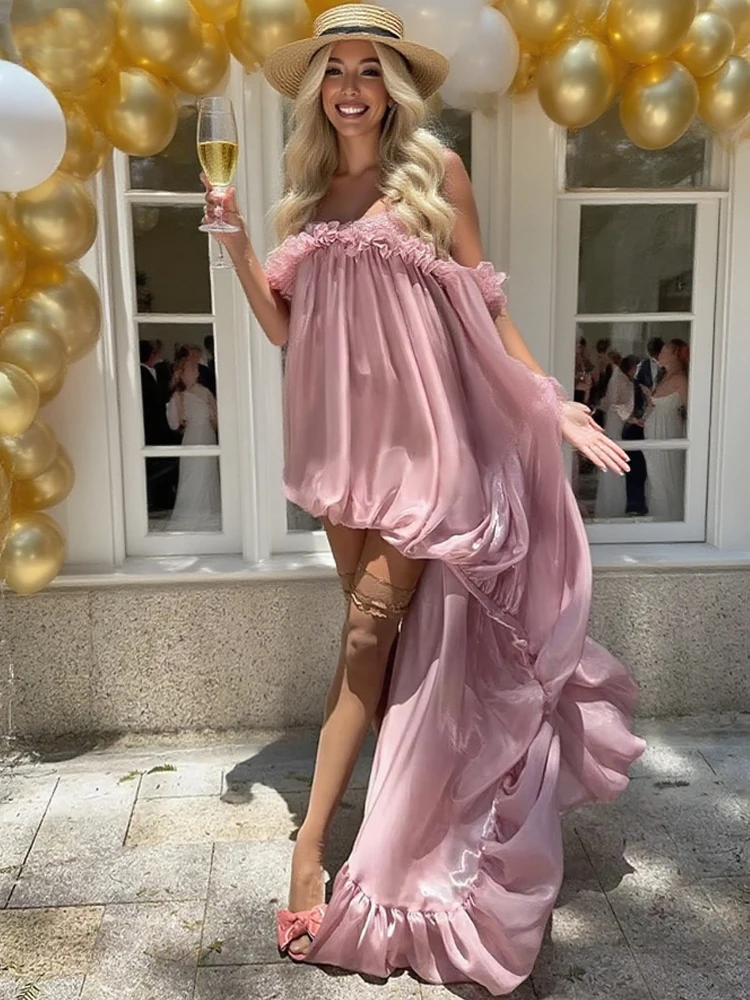Sisterlinda Elegante Große Saum Kleid Frauen Unregelmäßige Geburtstag Party Pilz Eine Schulter Patchwork Durchsichtig Süße Chic Vestidos