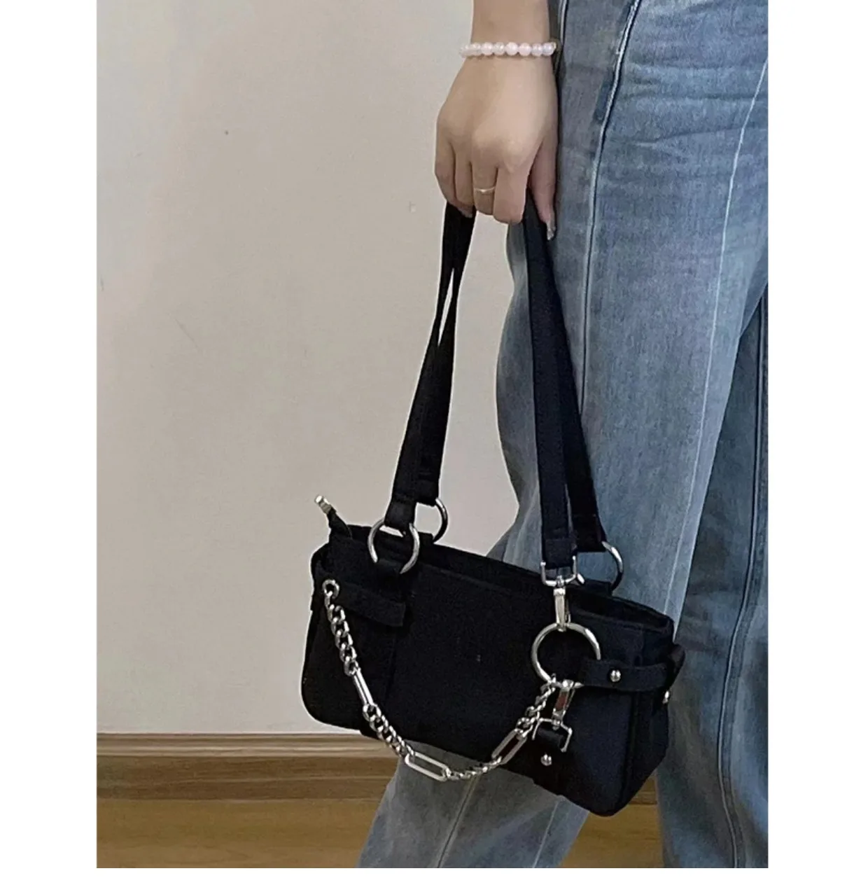 Fashion Design Gothic Chain Ladies Underarm Bag Sweet Cool Y2k Women Square Shoulder Bags Black Pop Female Tote Handbag Purse