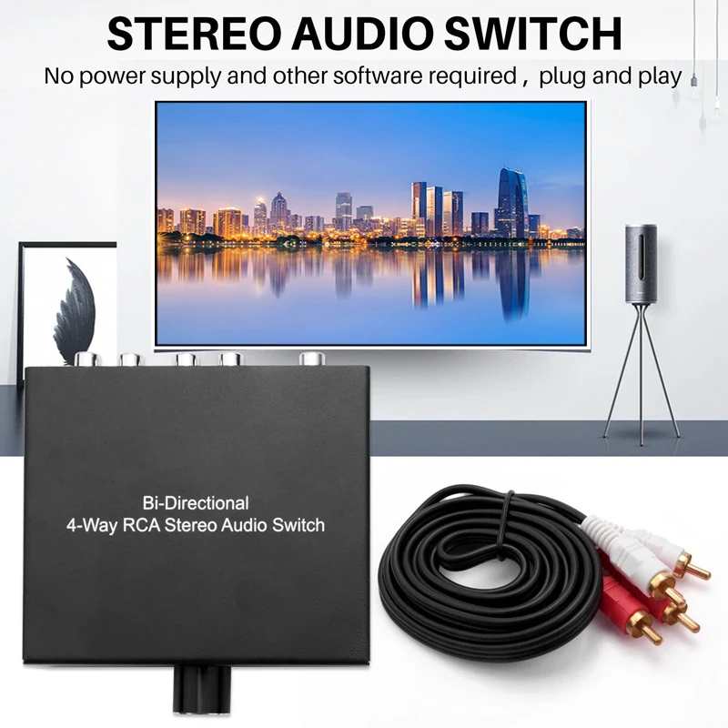 4 Way Bi-Directional RCA Stereo Audio Switch 1 In 4 Out or 4 In 1 Out L/R Jack Sound Channel RCA Audio Switcher Selector Splitte