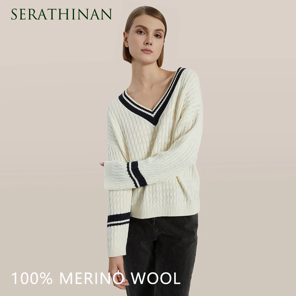

BC822 High Quality Luxury Women's Clothing 100% Wool thick Pullover V neck loose Knitted Sweater Winter